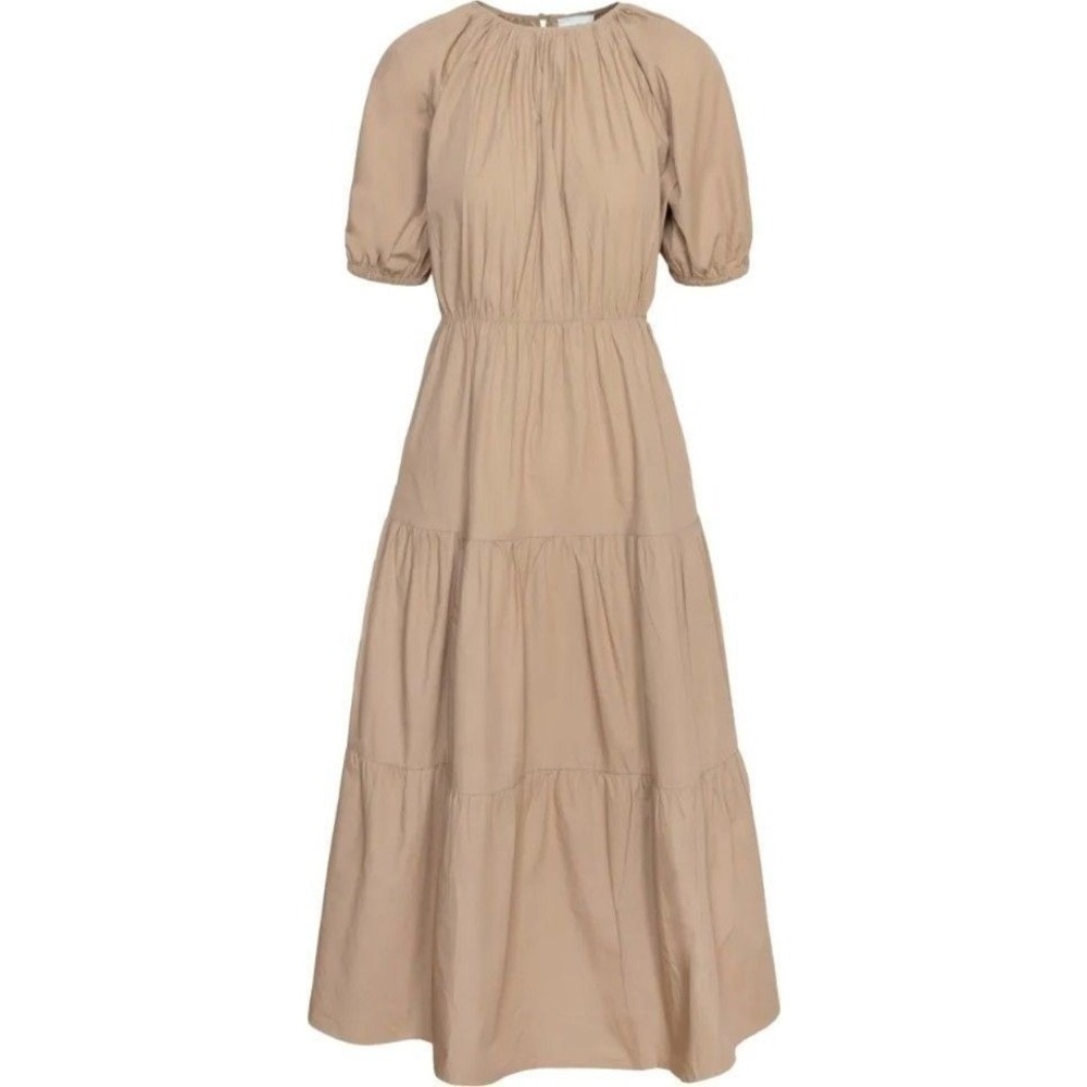 Anthropologie Greylin Donna Poplin Tiered Midi Dress MEDIUM Beige Tan Cotton
